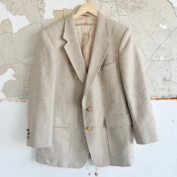 Vtg 90s Blazer Wool Herringbone Beige Sport Coat Barrington Jacket USA Made 42R